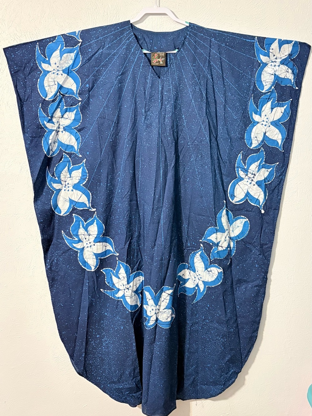 Vintage Caribelle Batik Blue Floral Caftan Muumuu Boho Tropical Lounge Dress